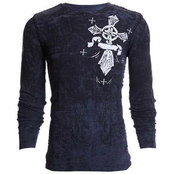 Archaic by Affliction Men's Thermal Shirt COUNTDOWN Wings Skull Biker Charcoal - Picture 2 of 6